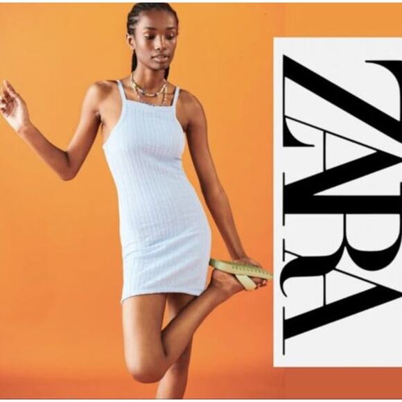 Zara M Light Blue Bodycon Knit Mini Dress Cable Weave Straight Neck Drop Back - Picture 9 of 12